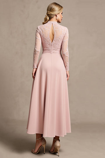 Candy Pink Satin High Neck Long Sleeves Mother of the Bride Dress with Appliques